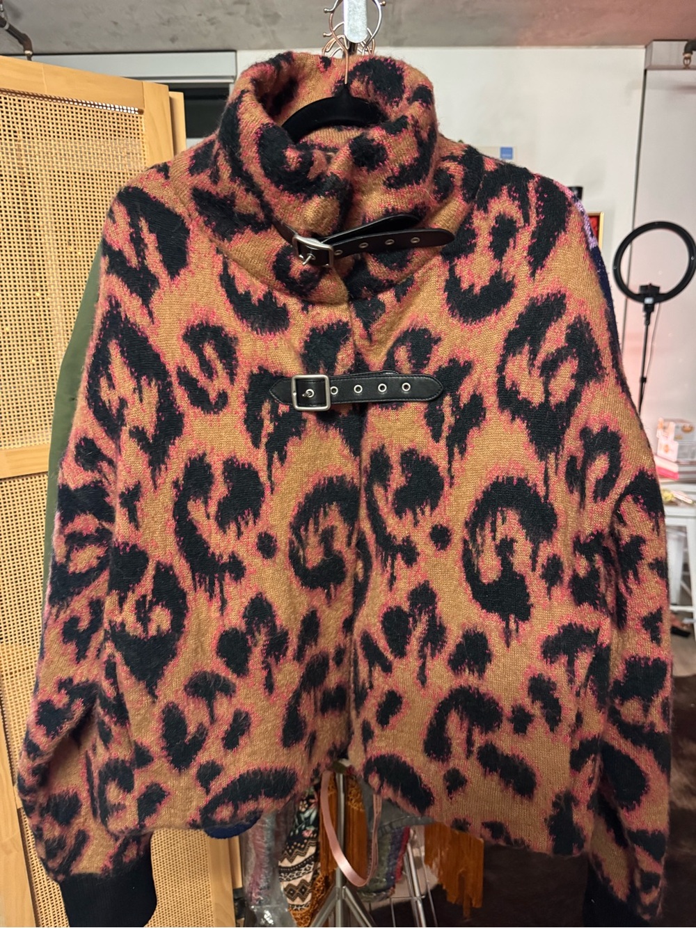 Coach Leopard-Print Funnel Neck Coat with leather straps NWT MSRP $495